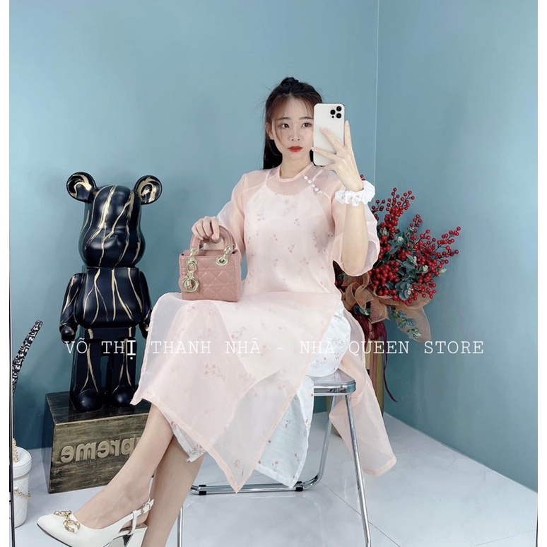 Set áo dài voan tơ thêu hoa kèm cột tóc