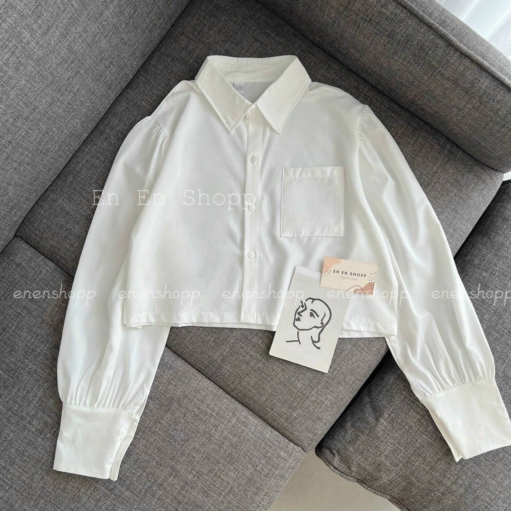 Áo sơ mi trắng kiểu dáng croptop dài tay cực xinh
