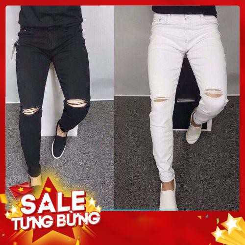 Quần Jeans Nam Đen Trắng Rách Gối Có size lớn (kèm ảnh thật) -Hàng nhập khẩu