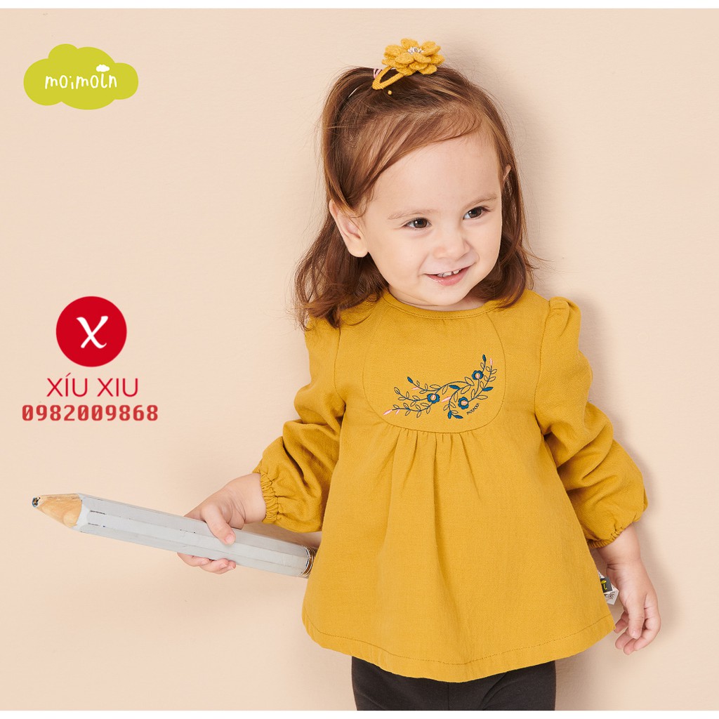 Áo vải thô xuất Hàn dáng babydoll màu vàng mù tạt thêu hoa hiệu Moimoln