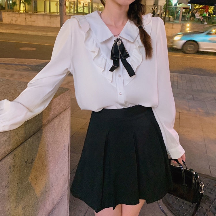 MỚI Áo sơ mi nữ tay dài màu trắng phong cách Hàn Quốc