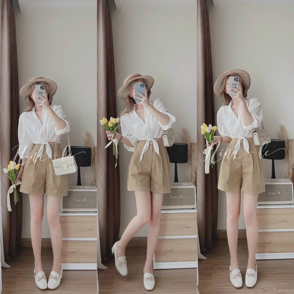 Set đồ nữ áo sơ mi thắt nơ quần đùi chất đũi đi biển - đi chơi - dạo phố
