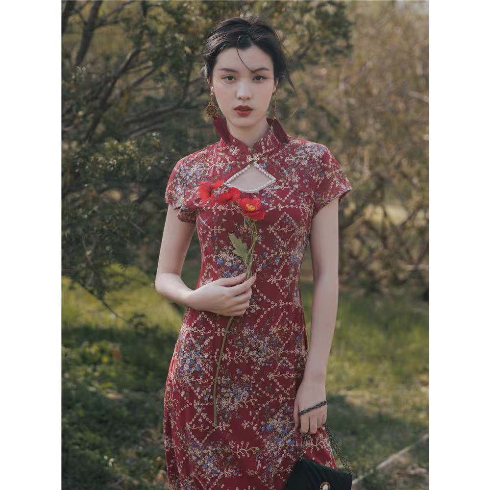 Sườn Xám Đỏ Hoa Chỉ Vàng LSEOUL V0947