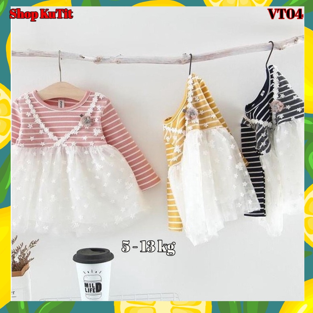 váy thu đông bé gái họa tiết kẻ phối ren trắng thêu hoa xinh xắn size 0-3 tuổi VT04