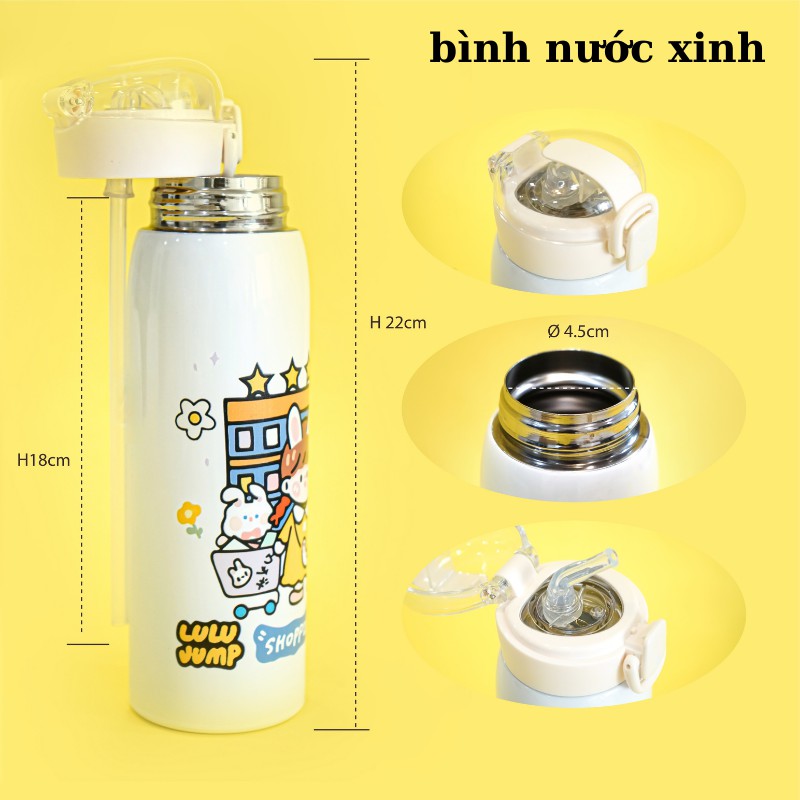 Bình giữ nhiệt INOX 304 hoạ tiết dễ thương , bình nước có ống hút dung tích 500ml có dây đeo