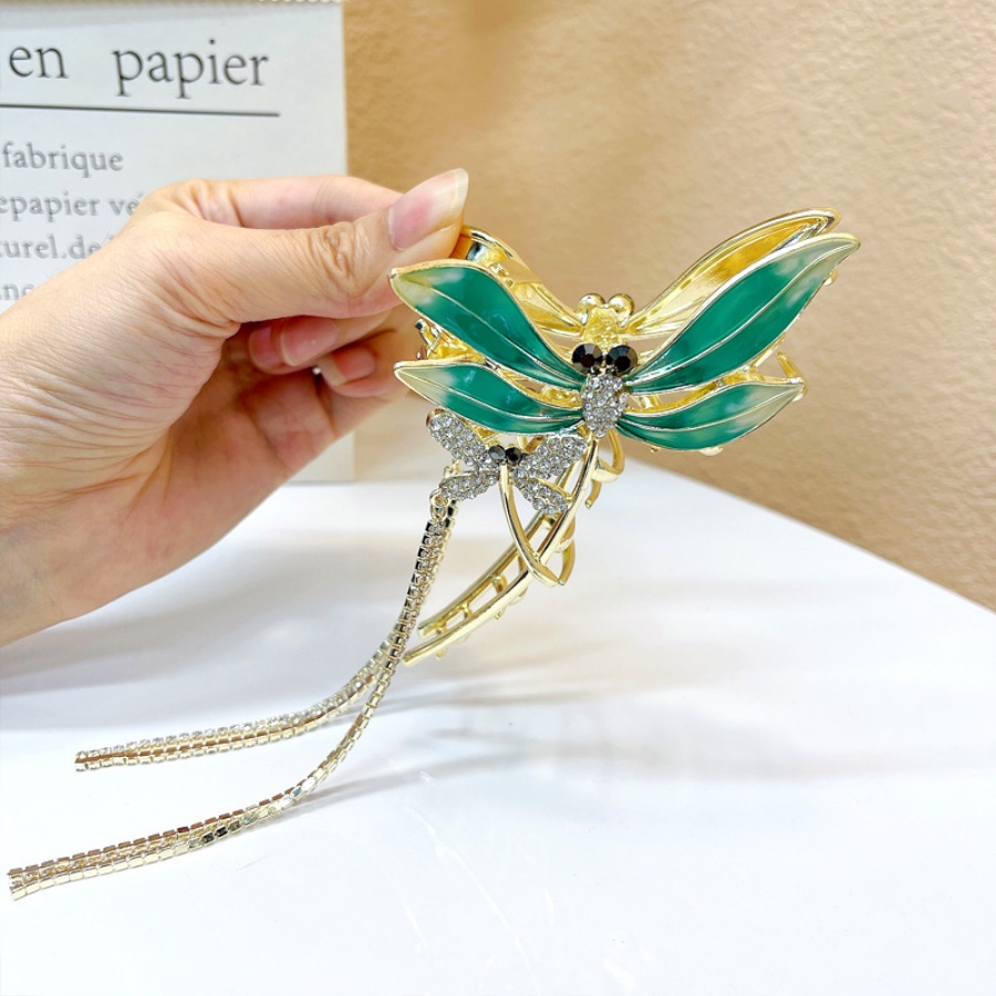 Kẹp Tóc Đuôi Ngựa Bằng Kim Loại Hình Chuồn Chuồn Đính Đá Pha Lê Xanh Lá Phong Cách Hàn Quốc