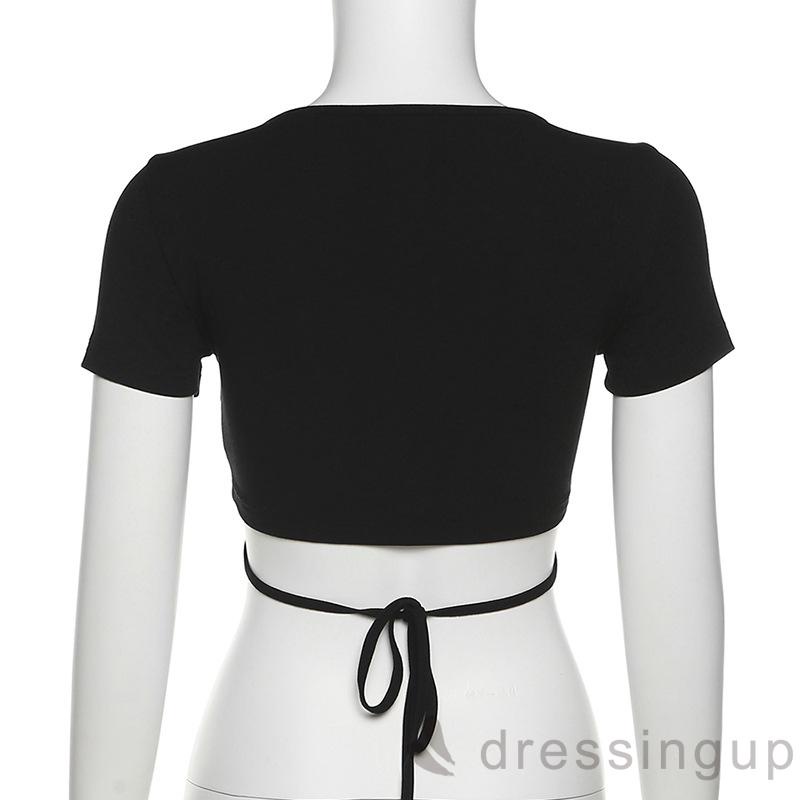 DRE-Women Summer Wrapped Tops, Short Sleeve V Neck Cutout Solid Color Causal Shirt