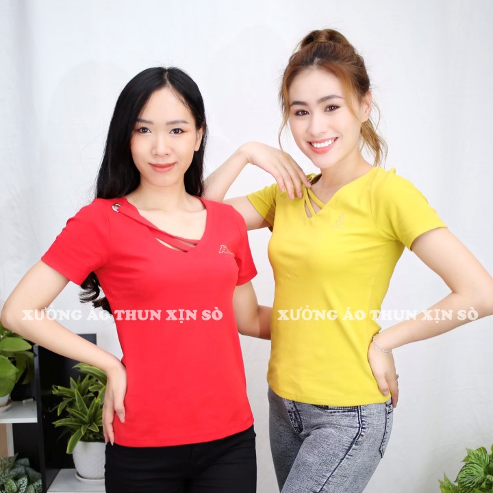 Áo Thun Nữ 601040 Áo Cổ Tim Nhấn Dây Chéo Tôn Dáng, Đa Dạng Màu Sắc Chất Borip Cao Cấp - Xưởng Xịn Sò