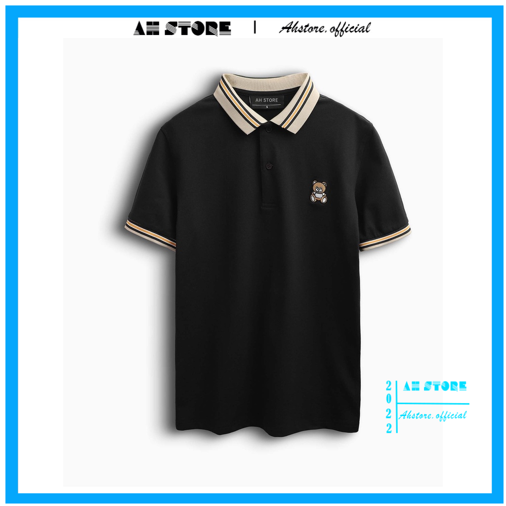 Áo polo nam tay ngắn hoạ tiết thêu gấu, Áo thun nam vải cotton 100% dày mịn mặc cực mát - AHSTORE