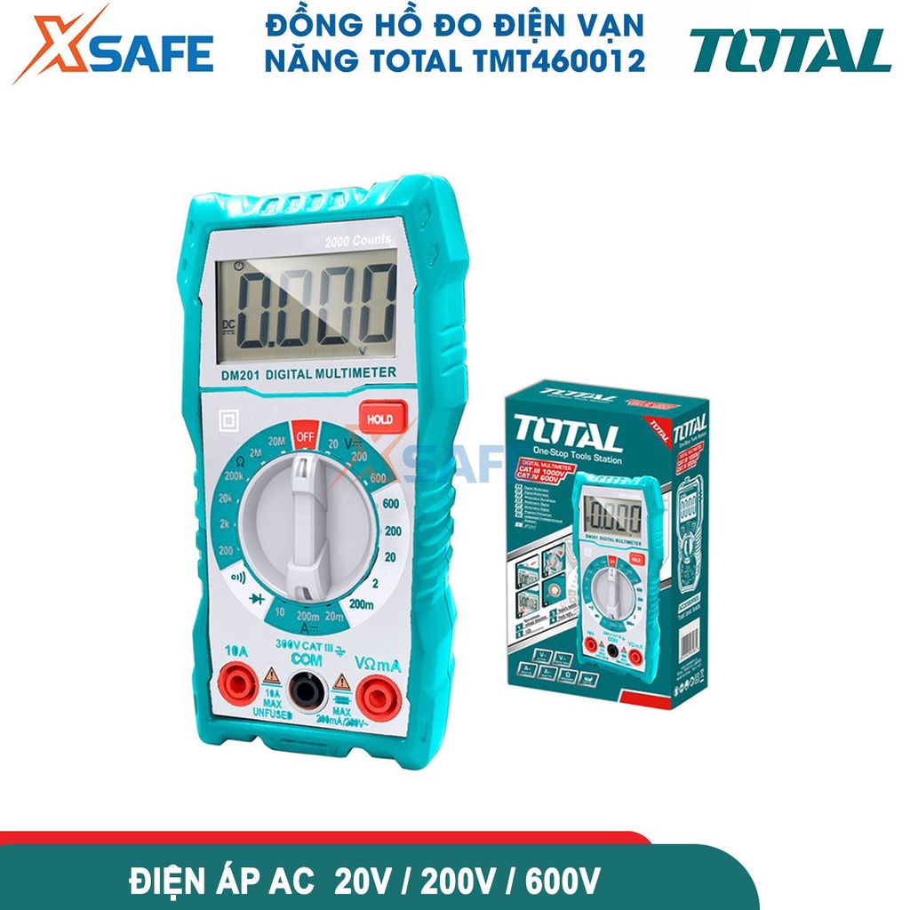 Đồng hồ đo điện vạn năng TOTAL TMT460012 có tính ứng dụng cao. Đồng hồ vạn năng màn hình LCD 2000 số đếm, đo điện AC/DC
