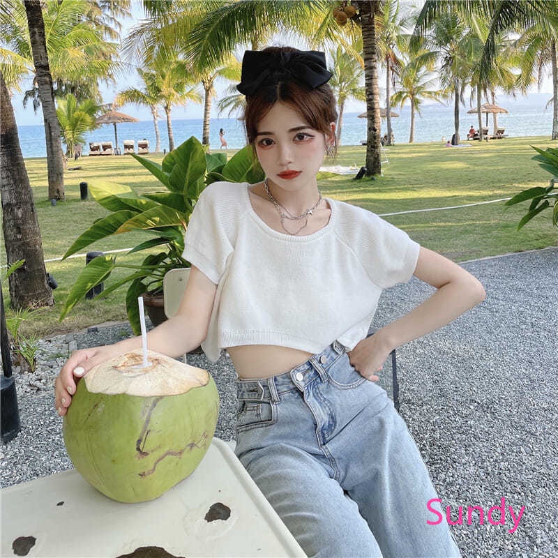 Áo croptop dệt kim ngắn tay thời trang mùa hè Hàn Quốc cho bé gái