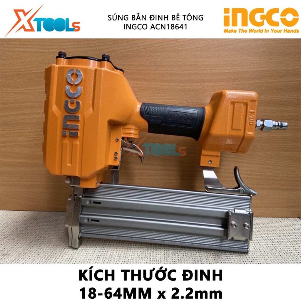 Máy bắn đinh bê tông ST64 dùng khí nén INGCO ACN18641 | dụng cụ bắn đinh dùng hơi khả năng chứa đinh 70 pcs chiều dài đi