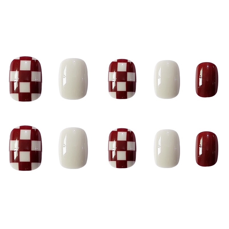 [Hàng mới về]Bộ 24 móng giả form ngắn kẻ caro trắng đỏ