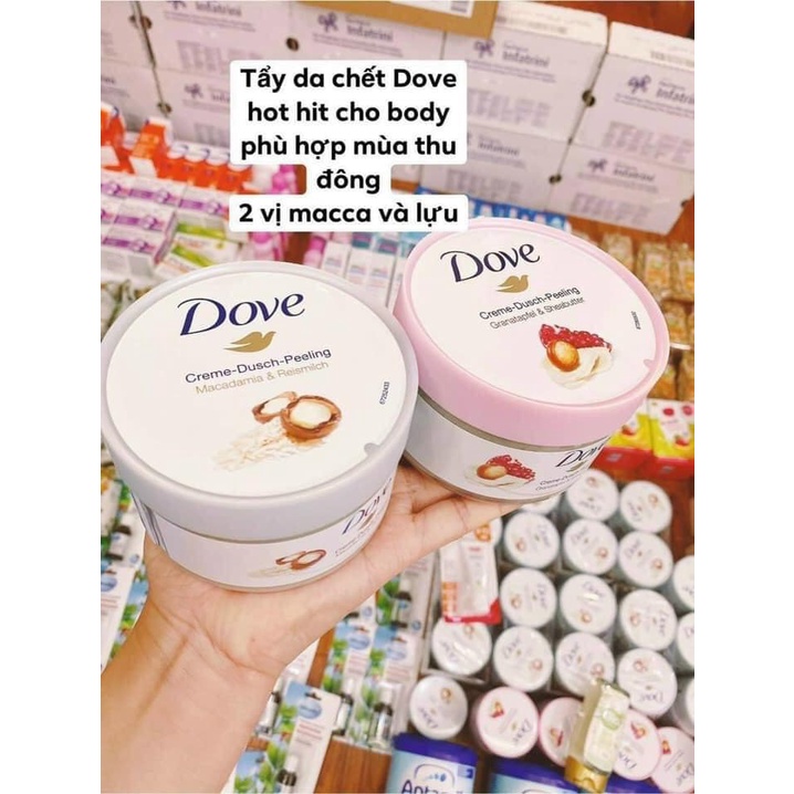Tẩy Tế Bào Chết, Da Chết Dove Exfoliating Body Giúp Dưỡng Da Trắng Mịn Màng Macca &amp; Lựu 225ml - Bản Đức