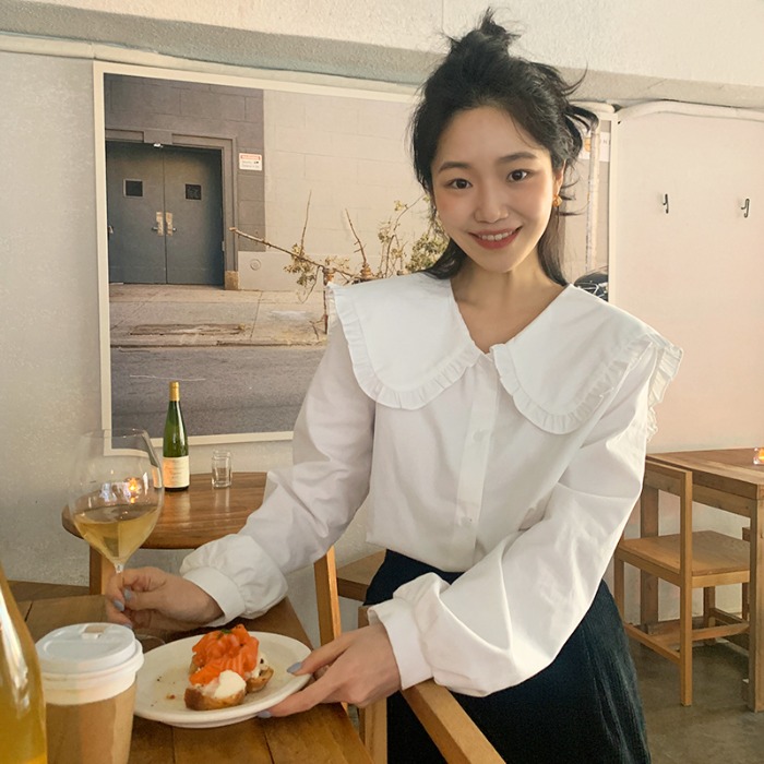 Áo Sơ Mi Trắng Dáng Rộng Cổ Bèo Phong Cách Hàn Quốc Nữ Tính