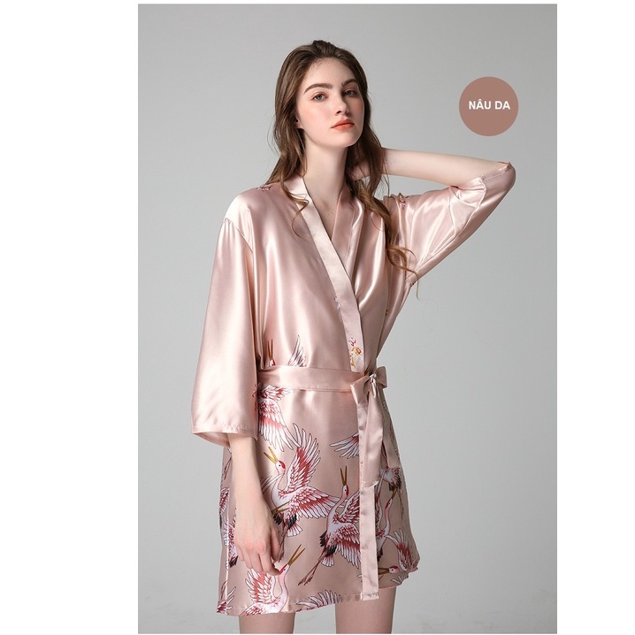 Áo Choàng Tắm - Kimono Ngủ Lụa Cao Cấp In Hình Chim Hạc Sang Trọng Yukata Mặc Nhà IVY254