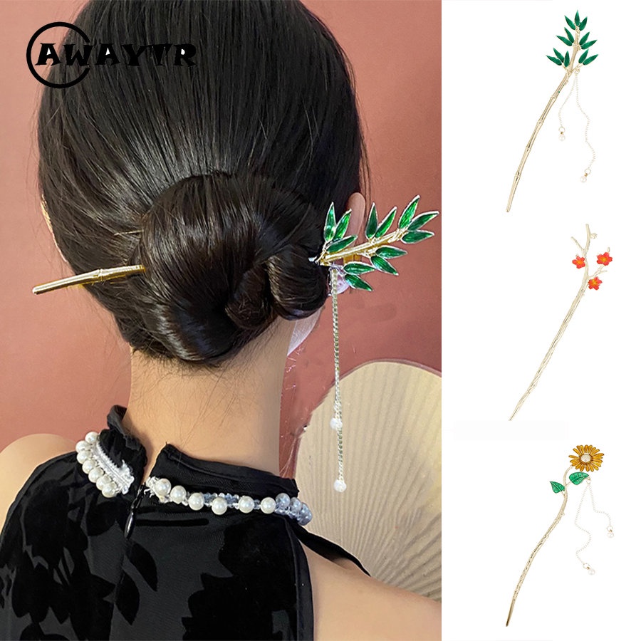 Trâm Cài Tóc Hình Lá Tre Đính Ngọc Trai Giả Thời Trang Phong Cách Hàn Quốc