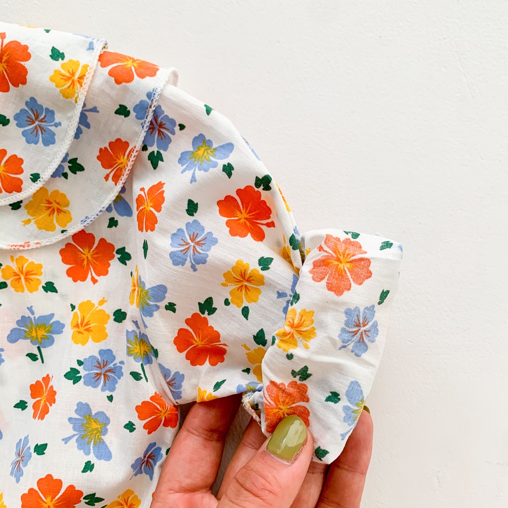 Bộ Áo Liền Quần Tay Dài In Hoa + Mũ Phối Ren Dễ Thương Cho Bé Gái Sơ Sinh 0-24 Tháng Tuổi