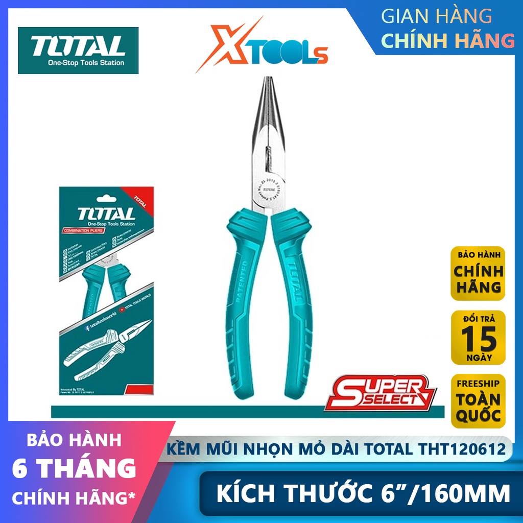 Kìm mũi nhọn mỏ dài TOTAL THT120612 6inch/160mm, đầu kềm đánh bóng chống rỉ, tay cầm nắm chắc chắn-CHÍNH HÃNG-XTOOLS
