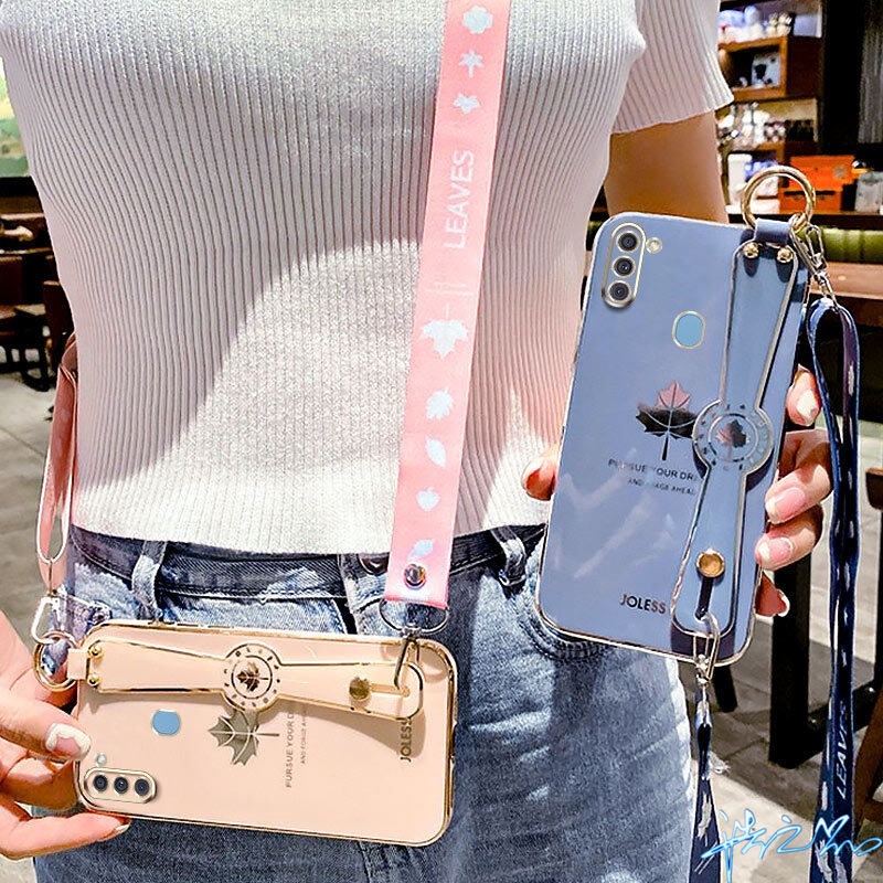 Ốp Điện Thoại Họa Tiết Lá Phong Có Dây Đeo Cổ Tay Cho Samsung A02S J7 J4 Prime Plus A03S A03 A10S A20S A21S A51 A71 4G