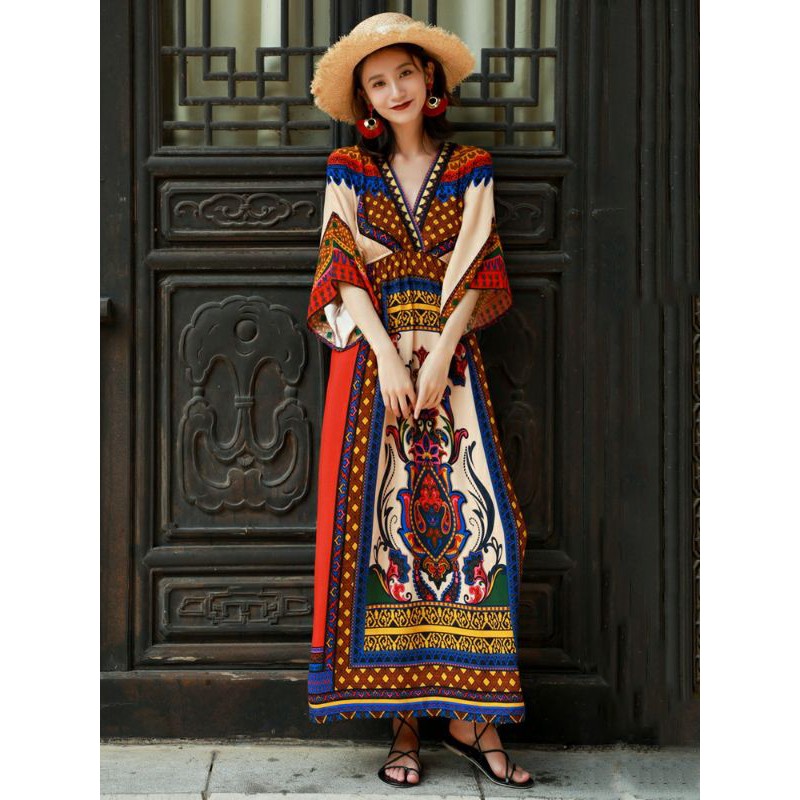 Váy Du Lịch Thổ Cẩm Cổ V ( V05 )