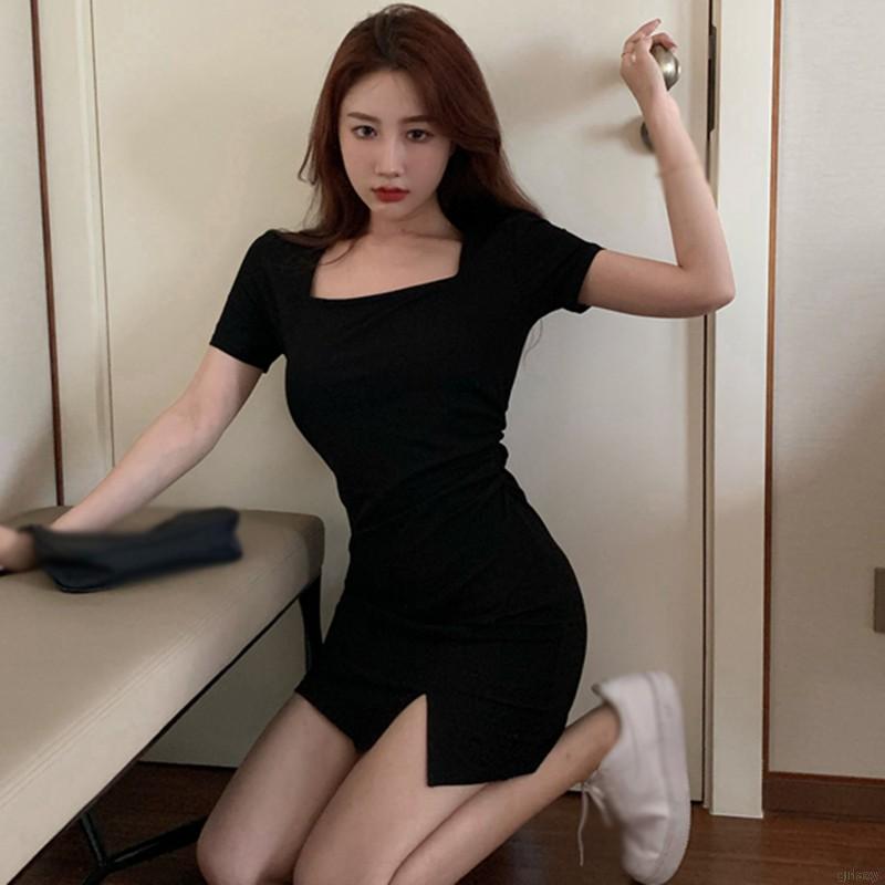 Đầm Tay Ngắn Cổ Vuông Màu Trơn Thiết Kế Xẻ Tà Phong Cách Retro Pháp