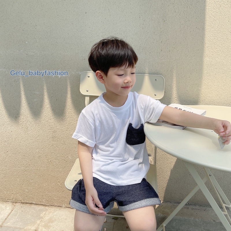 Bộ short cotton áo trắng đáp ngực bé trai-MS92