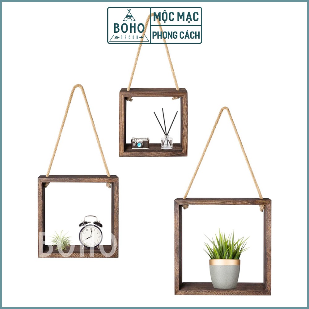 [Hàng Xuất Khẩu] Kệ Treo Tường BOHO DECOR, Kệ Trang Trí Nhà Cửa Phong Cách, Độc Đáo, Gỗ Thông Tự Nhiên Set 3 Kệ Vuông