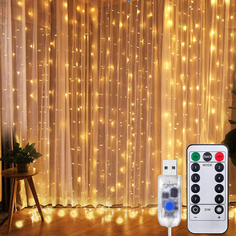 Dây Đèn LED Trang Trí Rèm Cửa 300 LED 3Mx3M Với Điều Khiển Từ Xa 8 Chế Độ Tiện Dụng