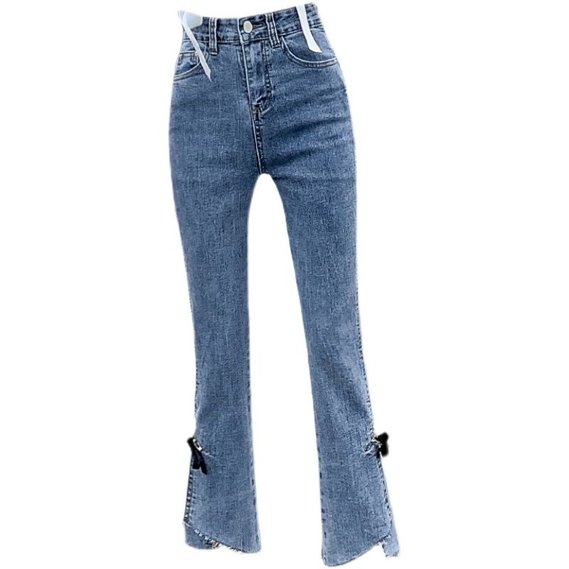 Bow stretch micro-horn forked jeans women's high waist, abdomen, body-building, nine-cent pants, thin style in summer.