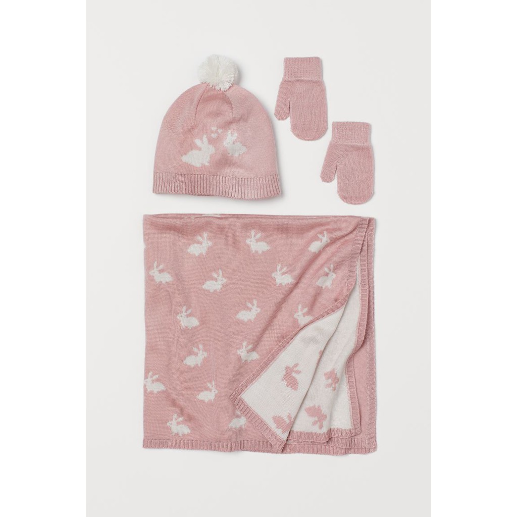 Set 3 chi tiết khăn mũ găng len thỏ hồng HM H&amp;M sz 1-2, 2-4y_ hàng chính hãng Mỹ