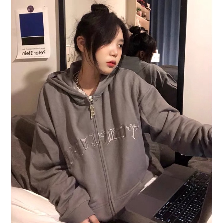 Áo khoác form rộng vải ni da cá có mũ áo khoác chống nắng dài tay