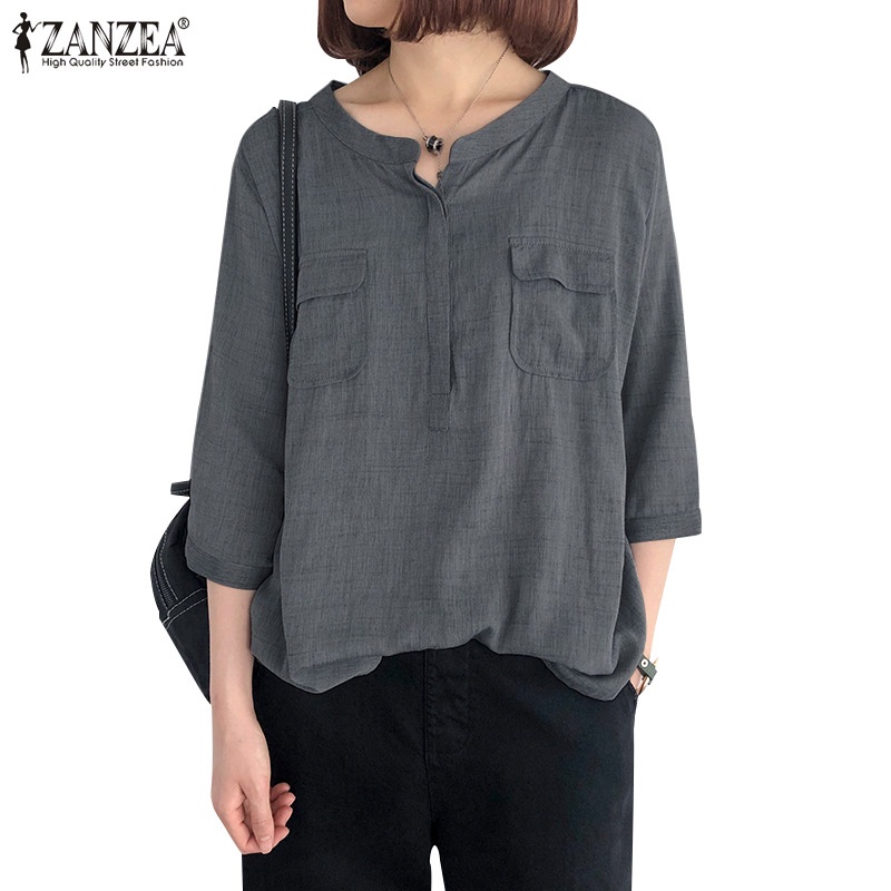 ZANZEA Áo Nữ Tay 3 / 4 Cổ Tròn Màu Trơn Phong Cách Vintage Thời Trang