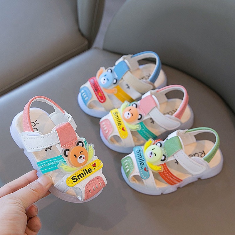 Sandal bé trai dép rọ tập đi cho bé trai bé gái con gấu da PU mềm có quai dán nhiều màu sắc smile A335 BabyBees (16-25)