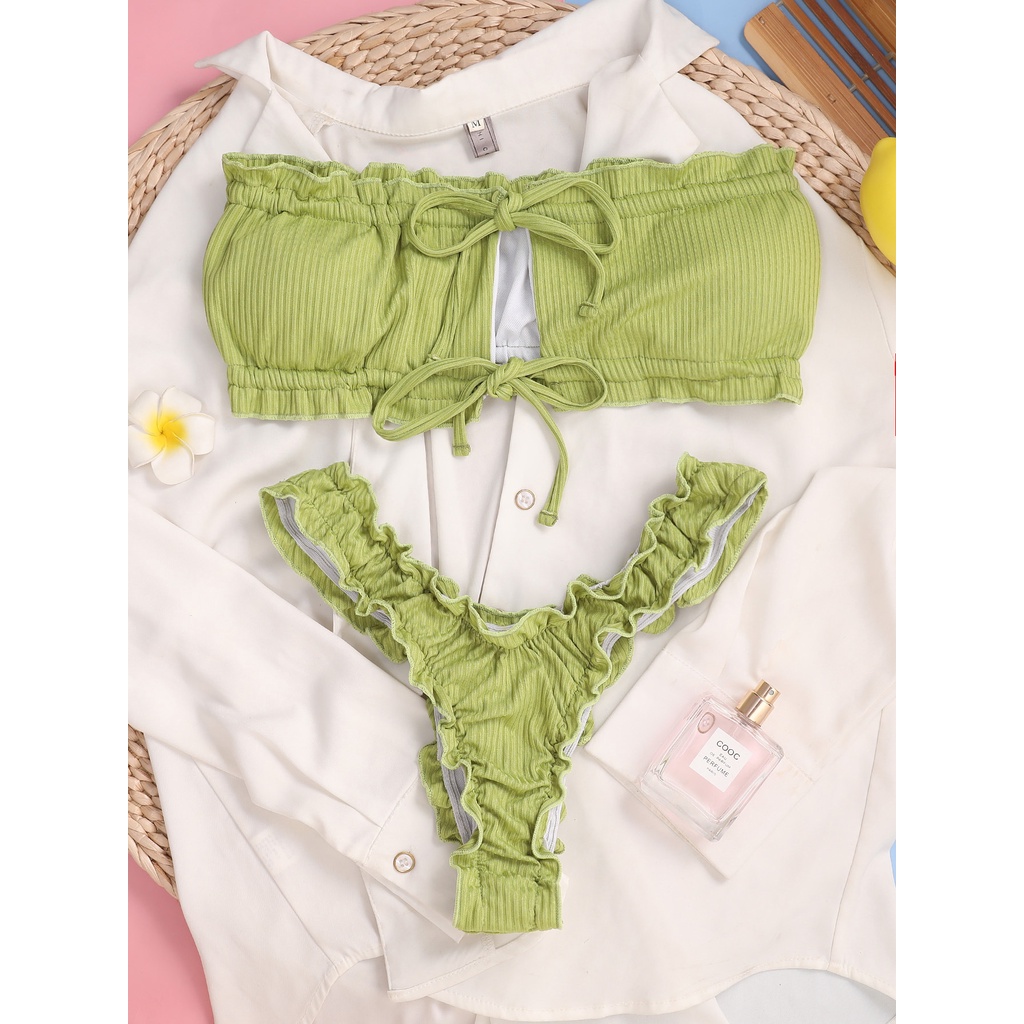 [BKN1505] &lt;ÂU&gt; SET BIKINI QUÂY XANH CỐM VẢI GÂN NƠ NGỰC
