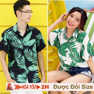 Áo hawaii đi biển vải đũi hoạ tiết lá xanh mặc nhóm đi biển, đồng phục đi biển