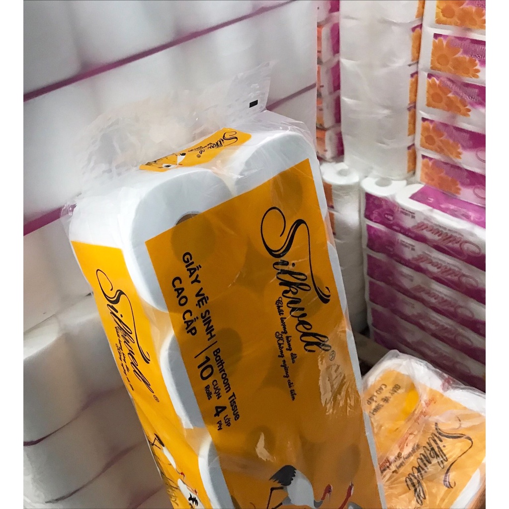Giấy Vệ Sinh Silkwell Hạc Vàng 10 cuộn 4 lớp có lõi hàng cao cấp siêu mềm mịn chính hãng