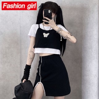 Set Áo Thun Ngắn Tay Và Chân Váy Xẻ Tà Phong Cách Hàn Quốc Dành Cho Nữ