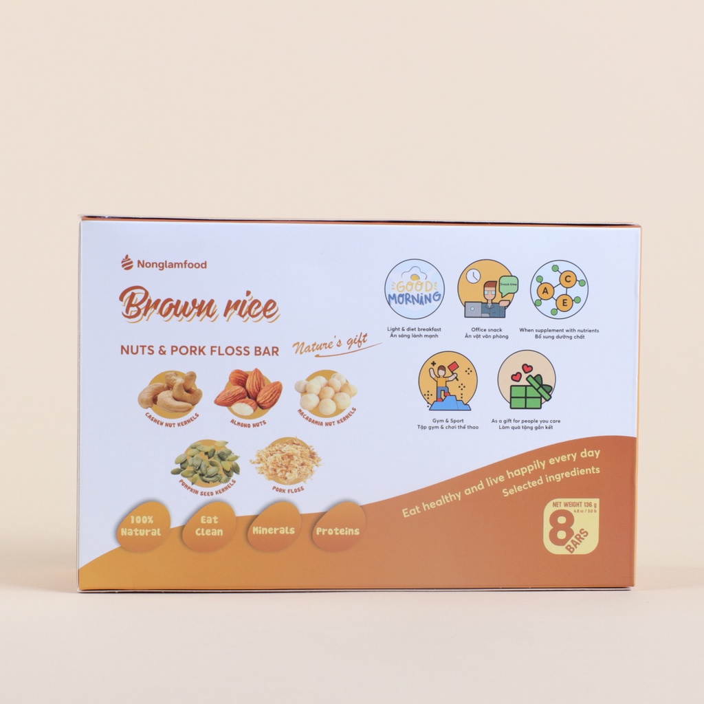 [MUA 4 TẶNG 2] Thanh gạo lứt Ngũ cốc Hạt - Chà Bông Nonglamfood hộp 8 thanh 136g | Hỗ trợ ăn kiêng giảm cân | Đồ ăn vặt