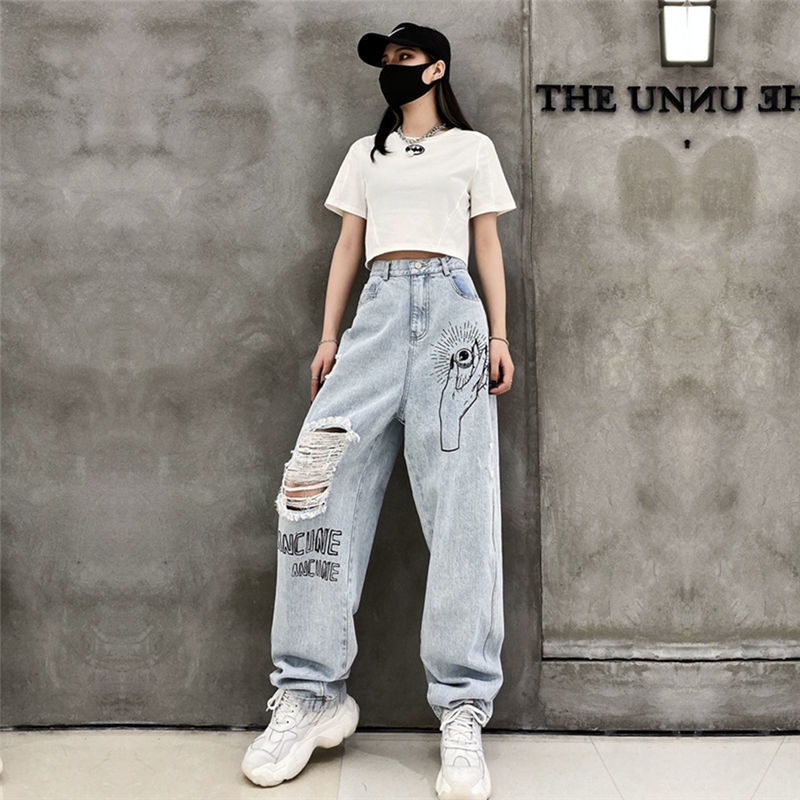 Jiashucheng Quần Jean Dài Lưng Cao Ống Rộng Phối Rách In Họa Tiết Cá Tính