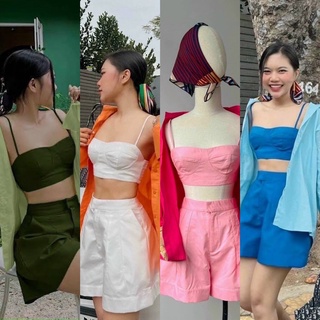 Set áo croptop hai dây áo sơ mi kèm short