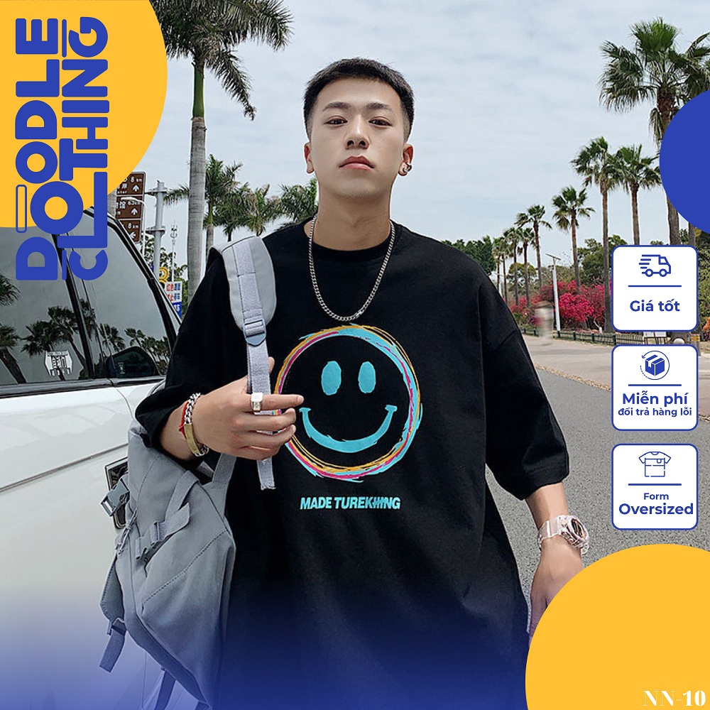 Áo thun nam nữ tay lỡ unisex oversize áo phông form rộng basic tee hình icon mặt cười 3 màu