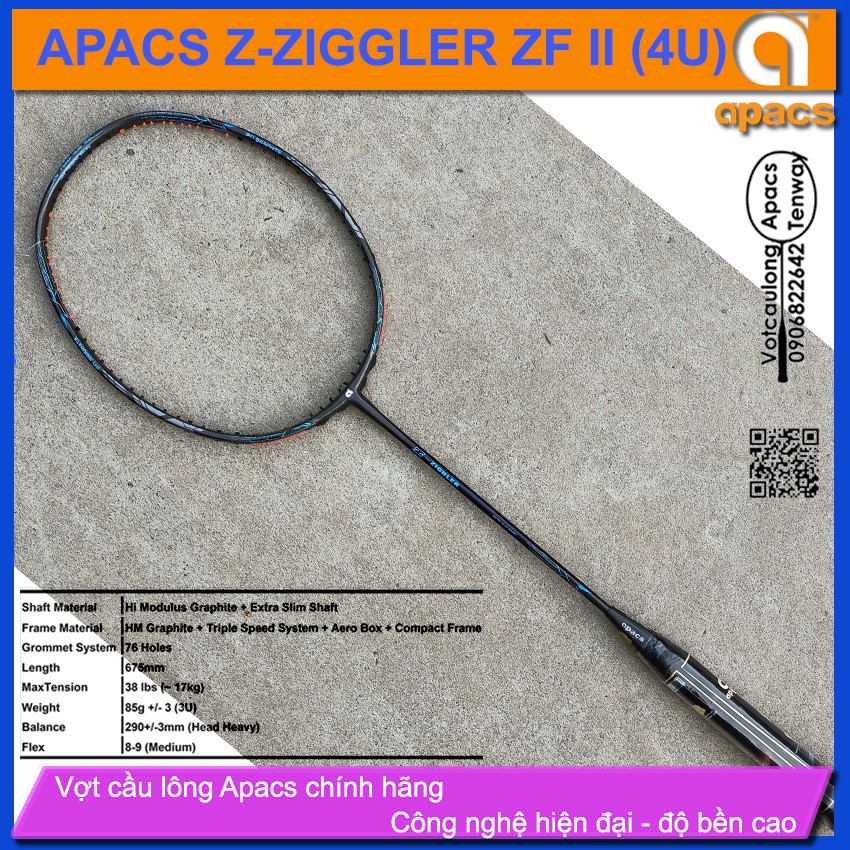[Vợt cầu lông Apacs Z-Ziggler ZFII - 4U] Thân đũa 6.4mm chống cản gió, đen mạnh mẽ vân xanh nam tính