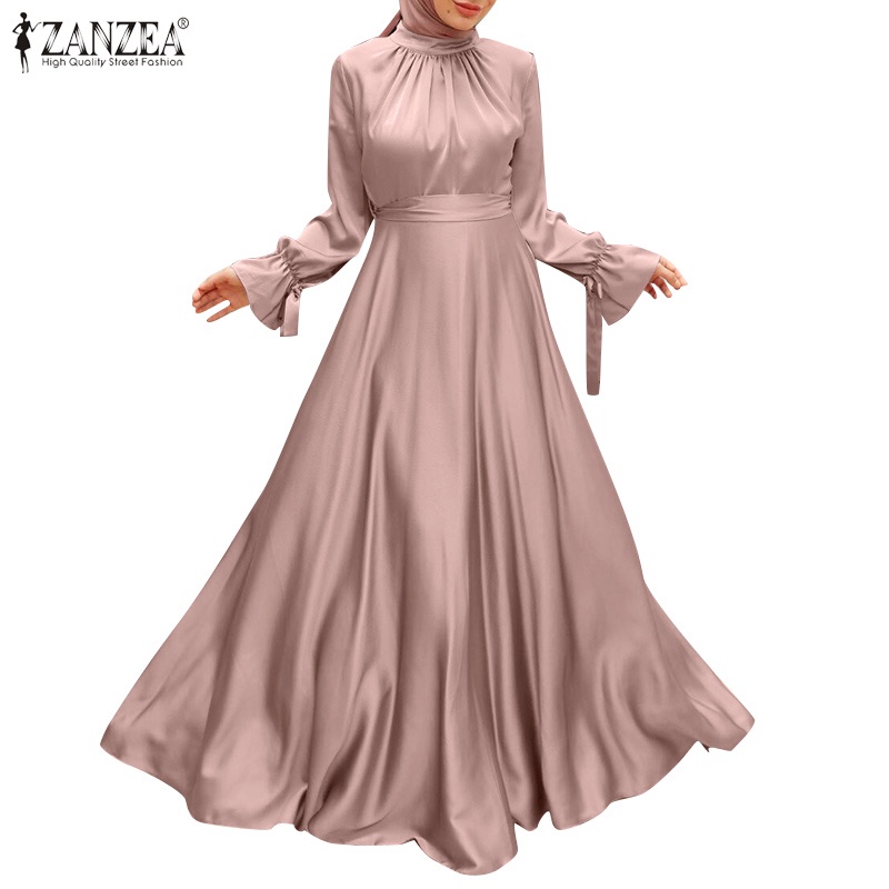 Đầm maxi ZANZEA tay ống loe dài cổ tròn màu trơn thời trang cổ điển dành cho nữ
