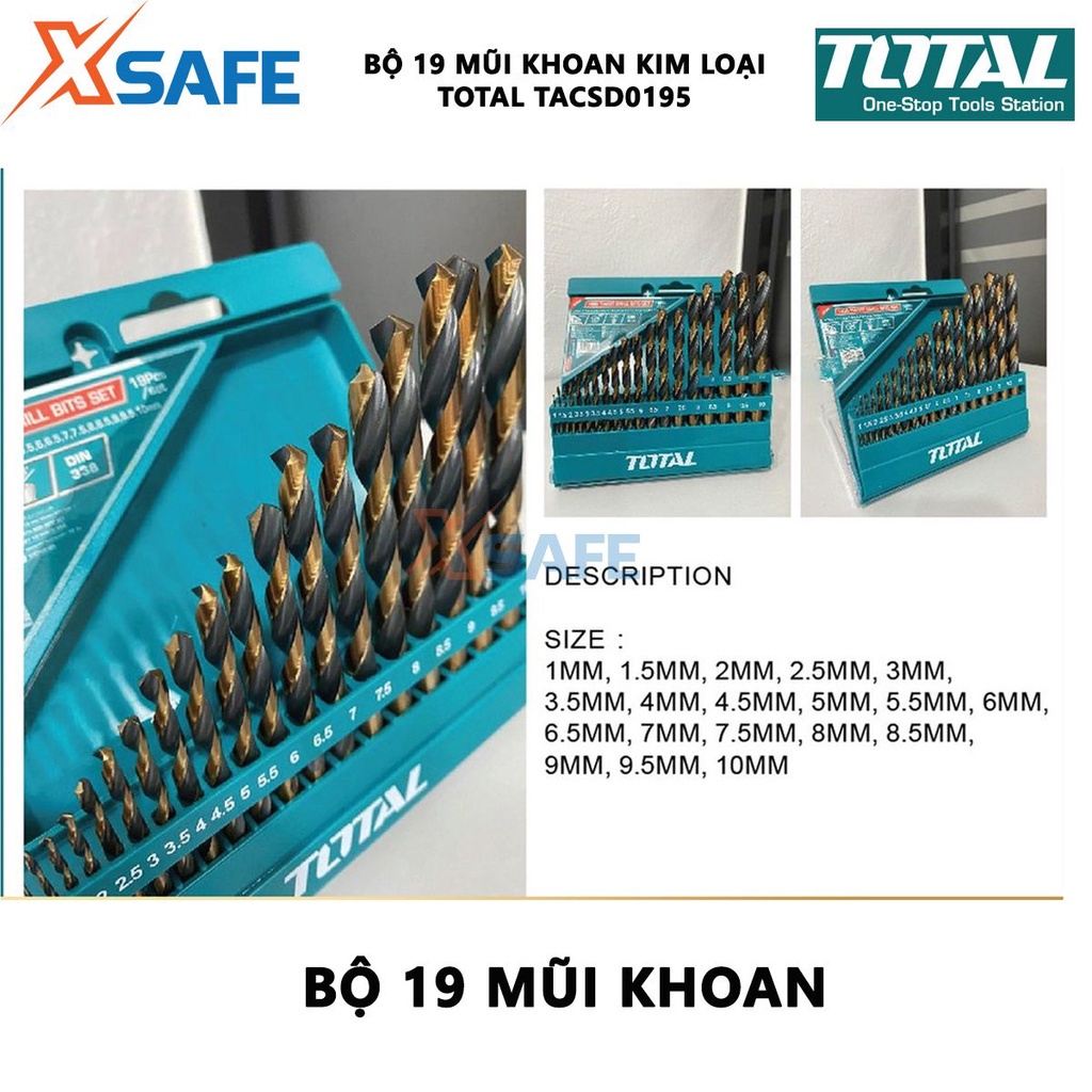 Bộ 19 mũi khoan hss TOTAL TACSD0195 Combo mũi khoan kim loại 19 mũi kích thước 1-10mm, mũi khoan hợp kim thép bền bỉ