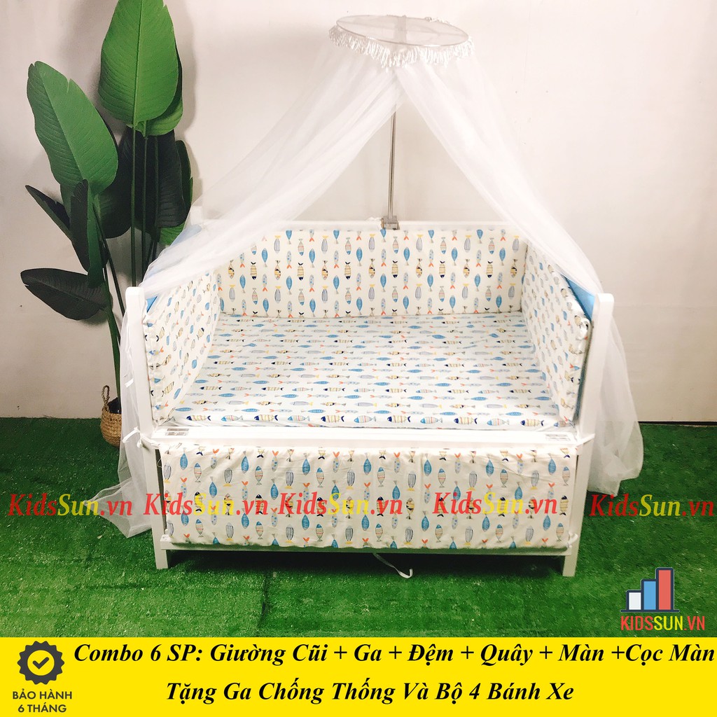 Cũi Cho Bé KIDSSUN Giường Cũi Trẻ Em Kích Thước (110x70x86) Gỗ Quế Màu Trắng Xanh  BH 24 Tháng Hàng XKhẩu Kèm Quà Tặng