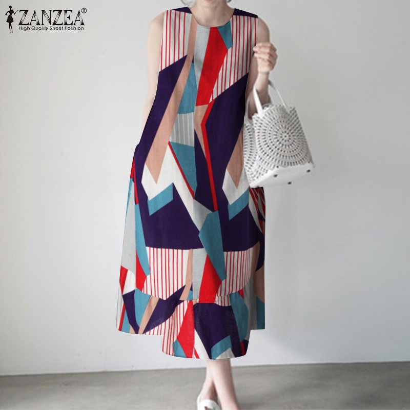 Đầm Midi Zanzea Không Tay In Hoạ Tiết Hình Học Phối Túi Hai Bên Thời Trang Cho Phụ Nữ