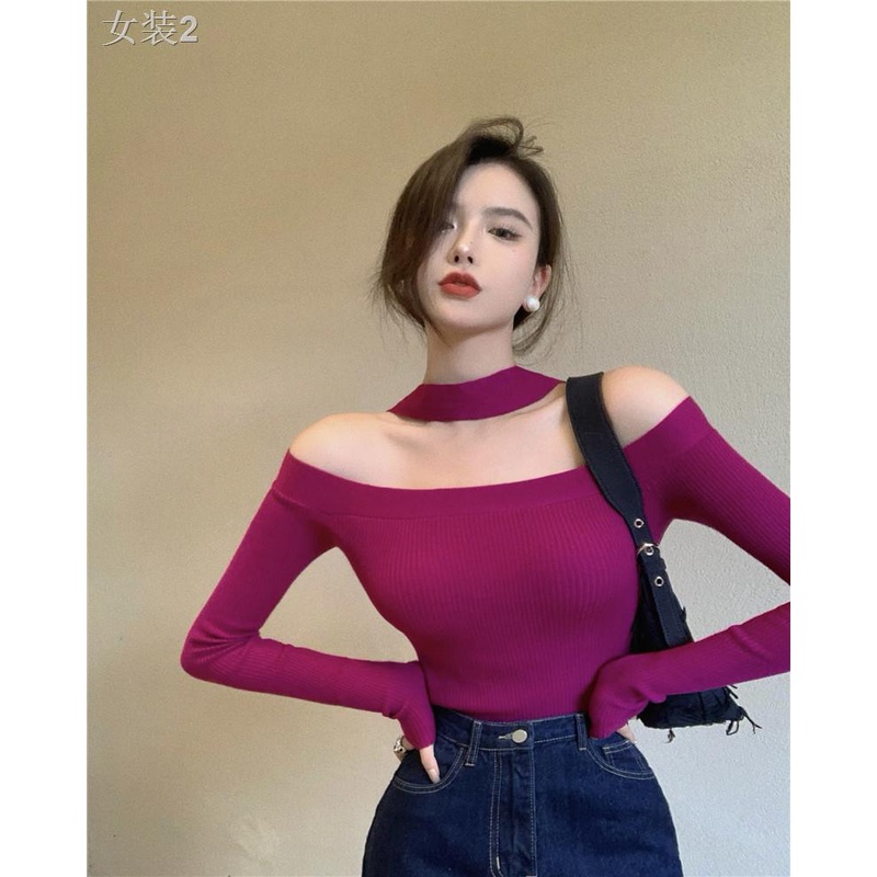 ►✺❉Áo len dệt kim nữ chớm thu tinh khiết khát vọng gió hot girl một bên vai bó sát khí chất Pháp mỏng dài tay sơ mi đa n