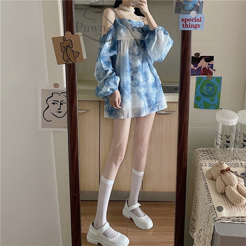 Váy trễ vai voan xanh loang tiểu thư  Puwn Shop