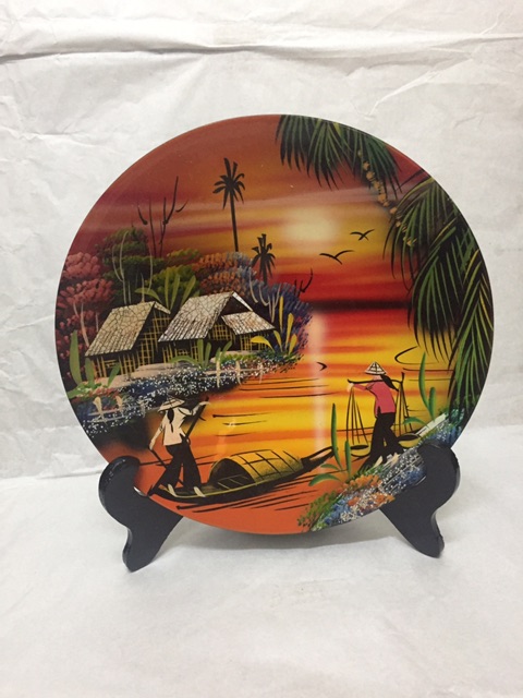 Combo bộ đĩa sơn mài và chân đĩa bằng gỗ cảnh đồng quê Việt nam